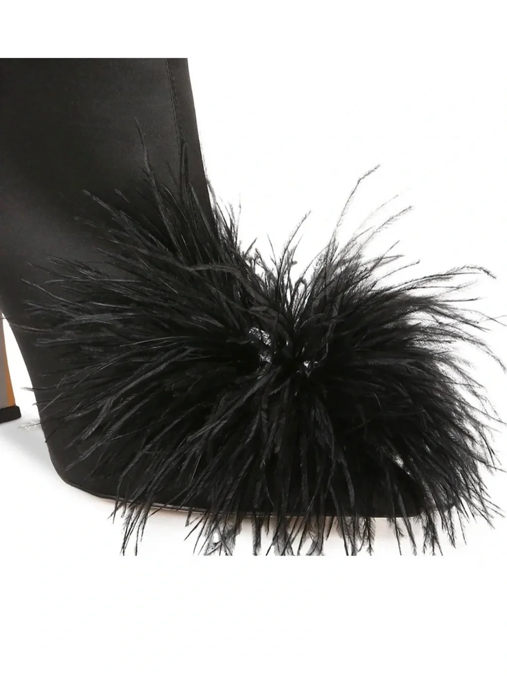 Black Feather Pom-Pom High Heel Ankle Boots